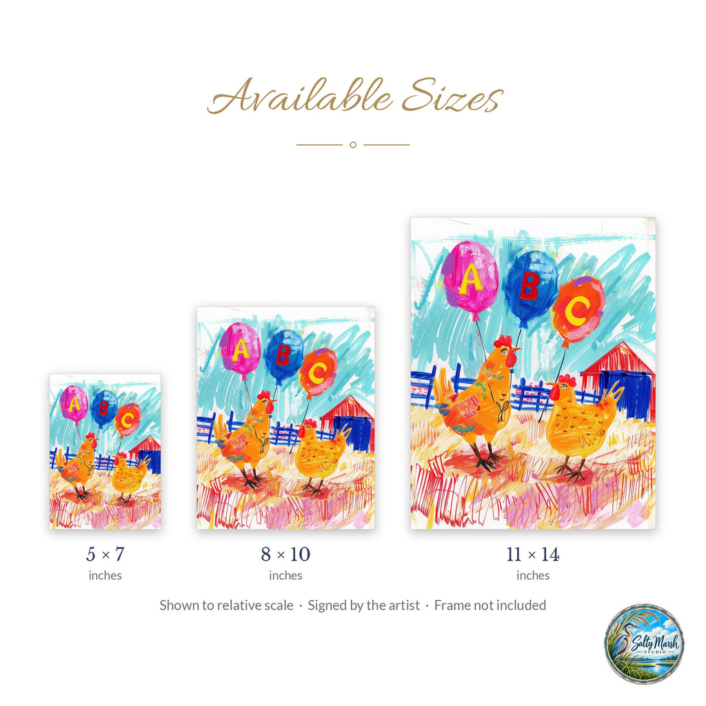 Chickens ABC art print size guide: 5x7, 8x10 and 11x14