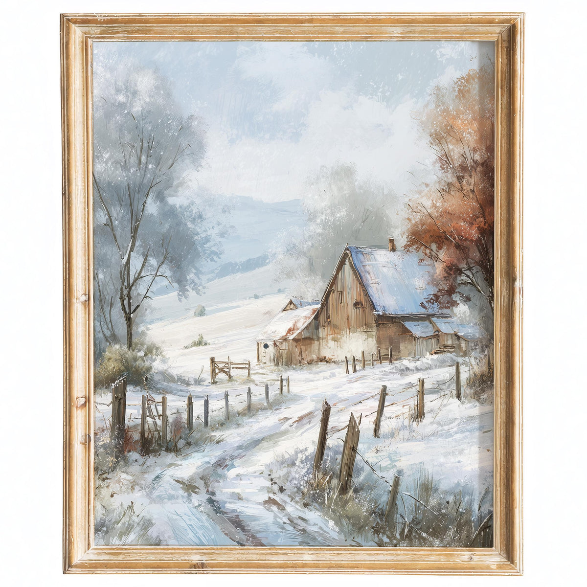 Snowy Barn winter art print framed