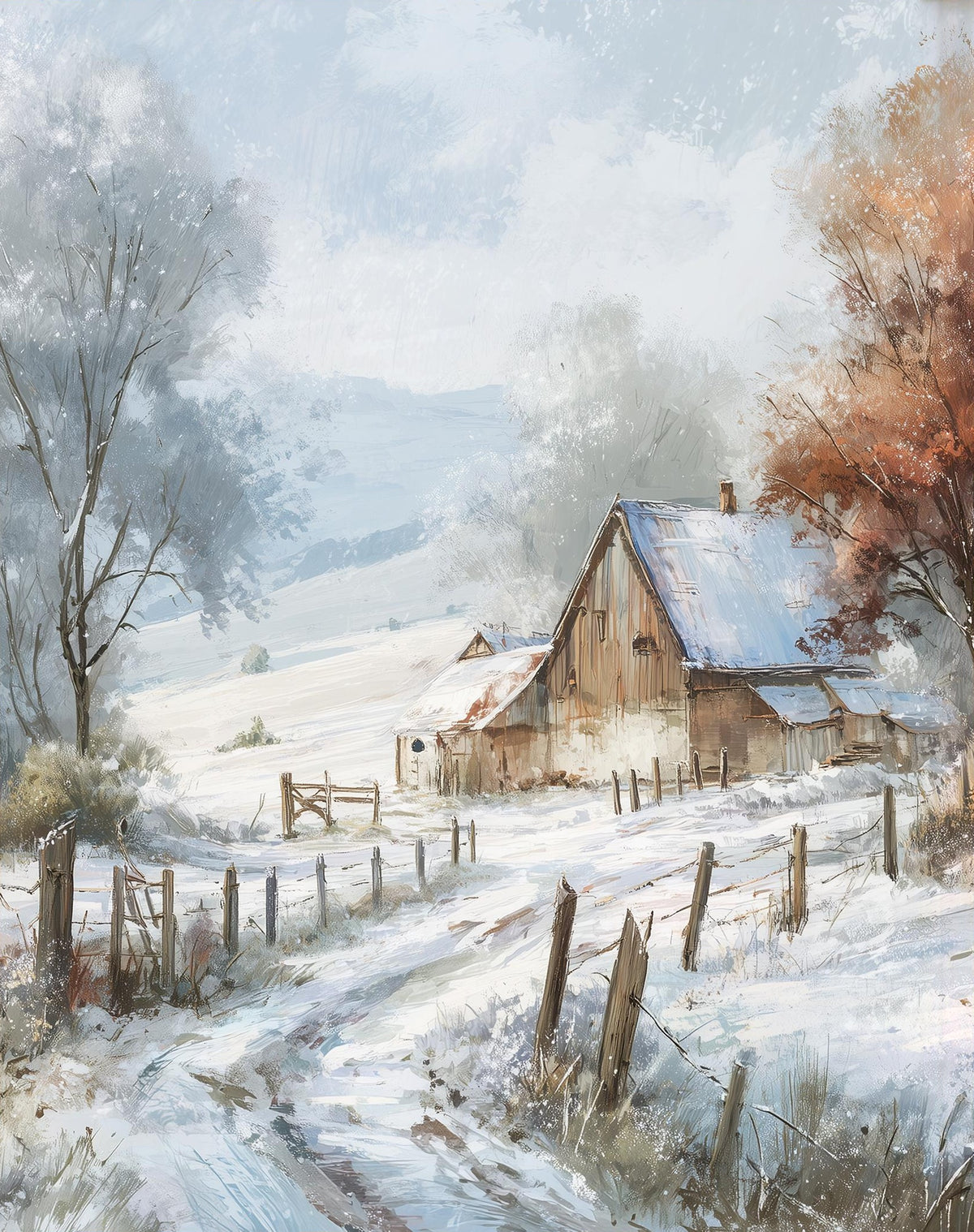 Snowy Barn winter art print unframed, signed by Pattie Overcash