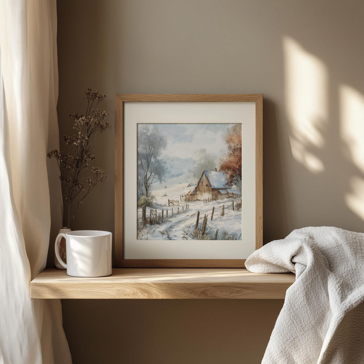 Snowy Barn winter art print shown in a room setting