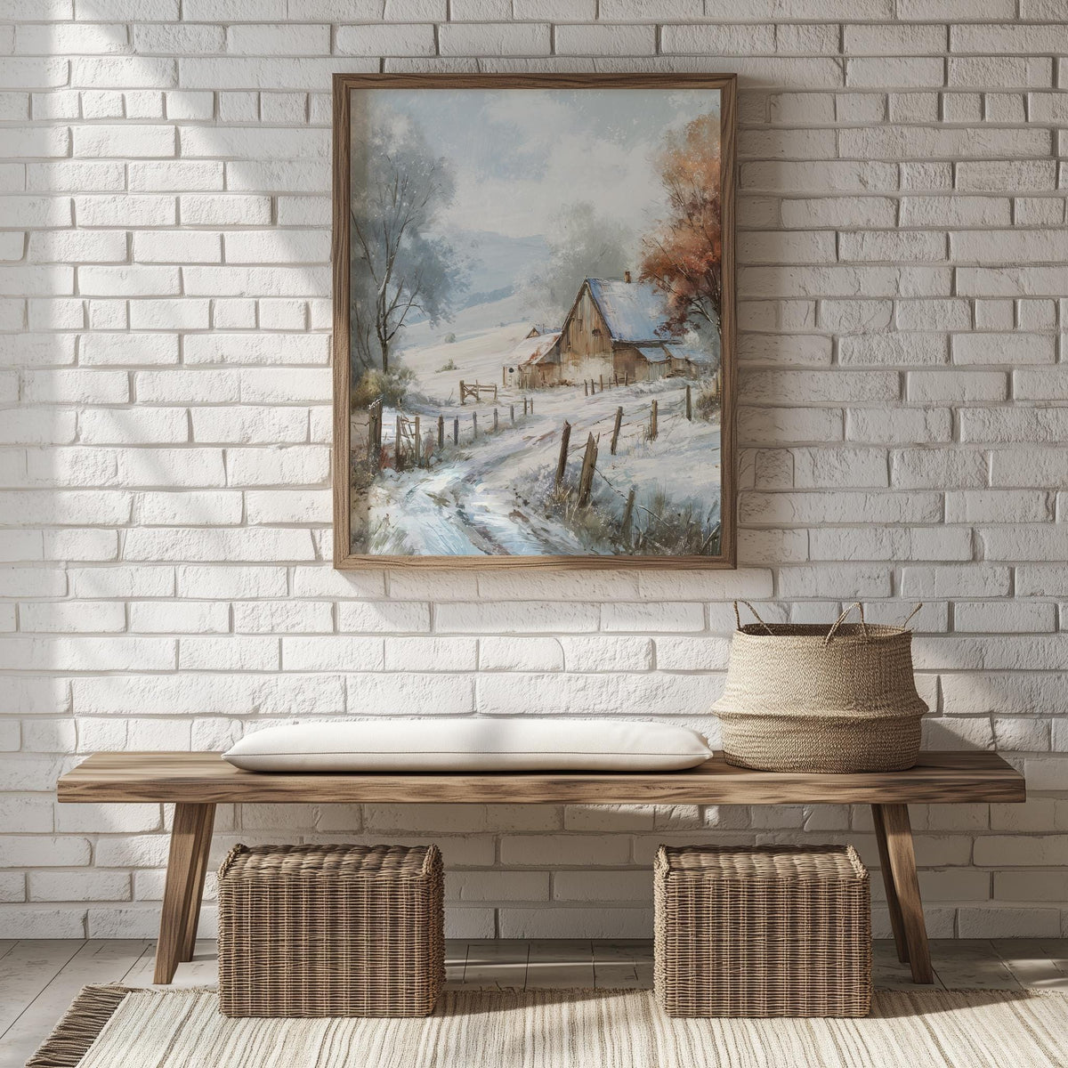 Snowy Barn winter art print shown in a room setting