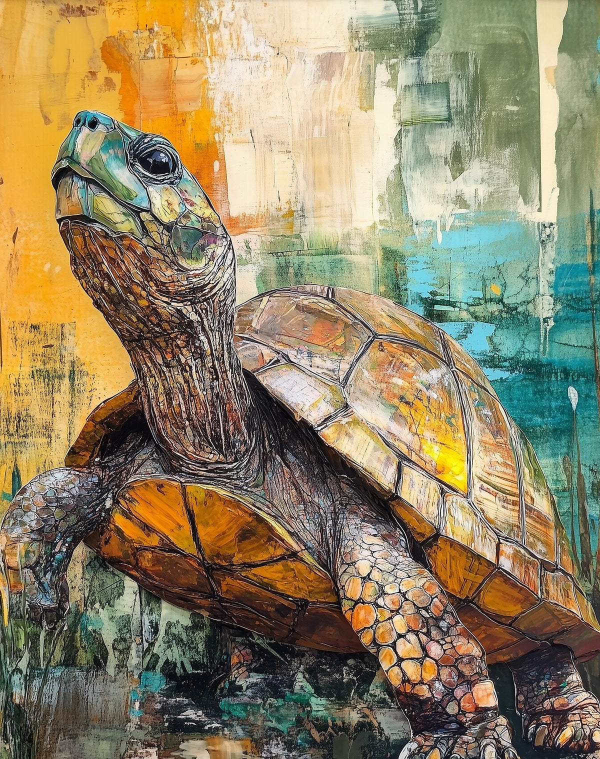 Vintage Turtle animal art print unframed, signed by Pattie Overcash