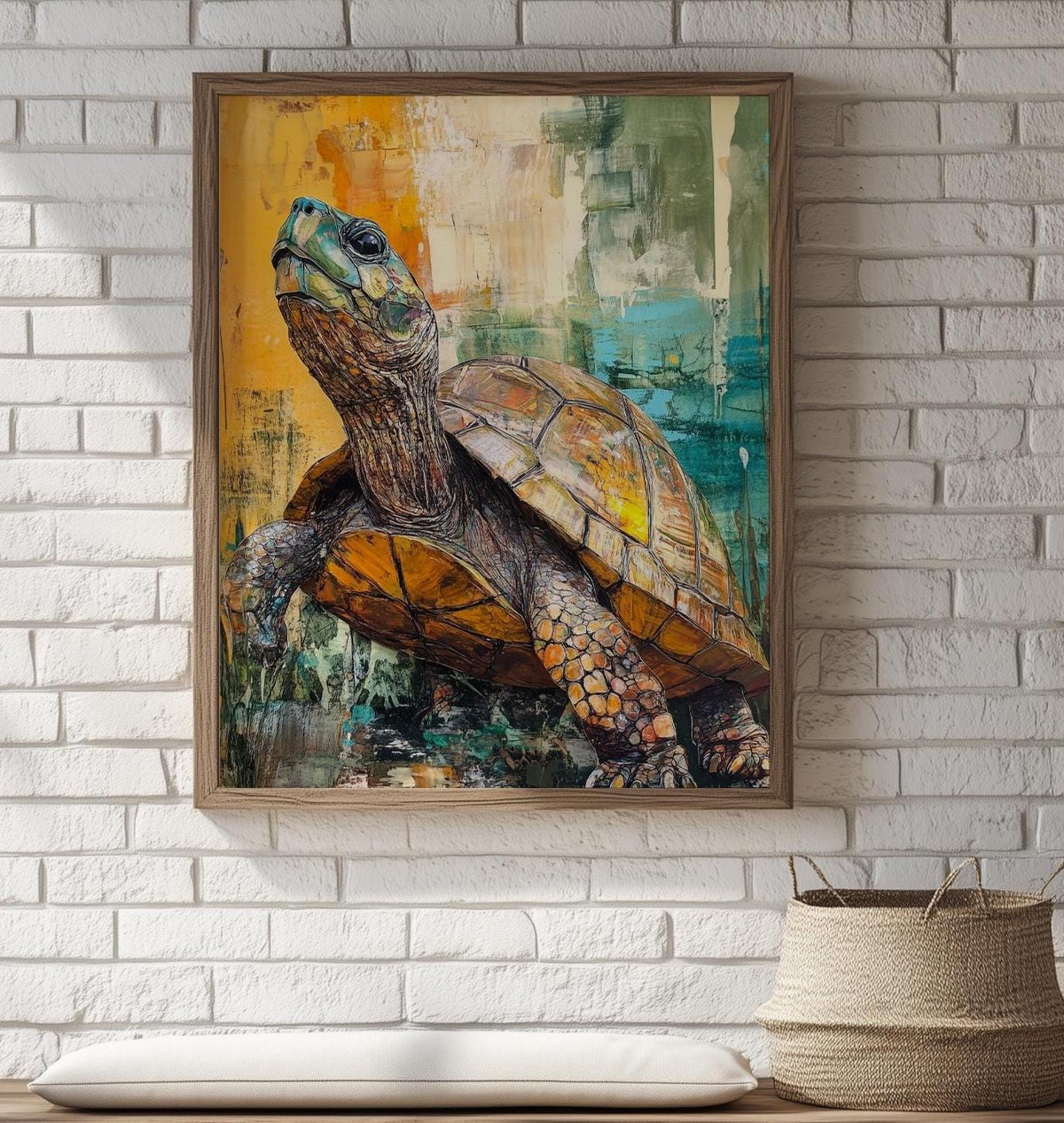 Vintage Turtle animal art print shown in a room setting