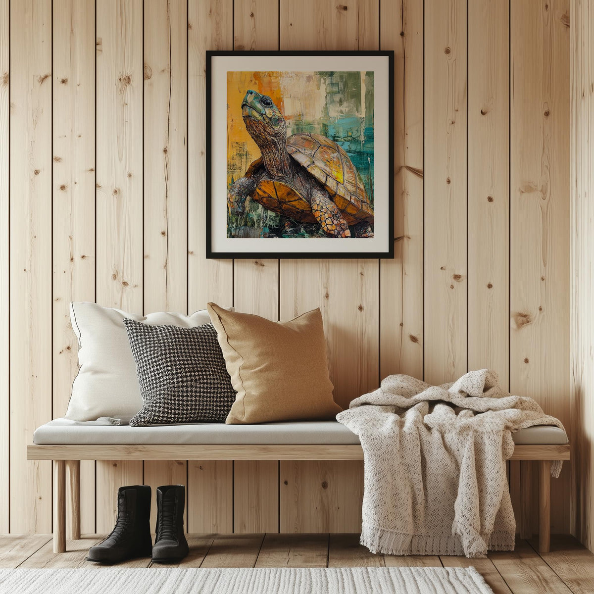 Vintage Turtle animal art print shown in a room setting