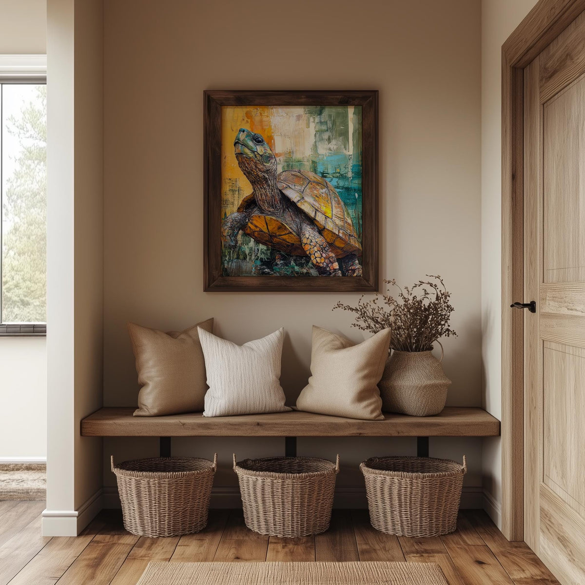 Vintage Turtle animal art print shown in a room setting