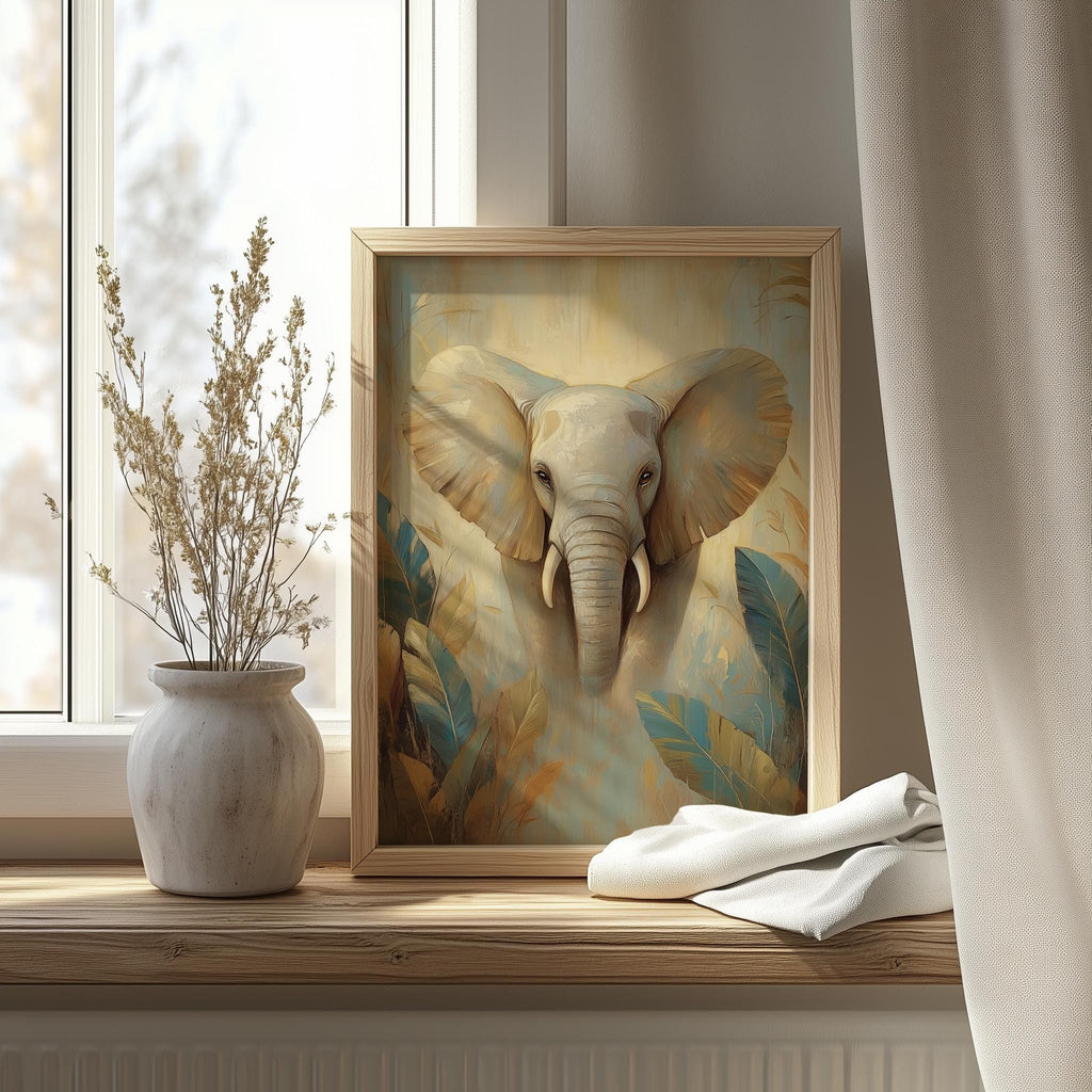 Elephant Tropical animal art print shown in a room setting