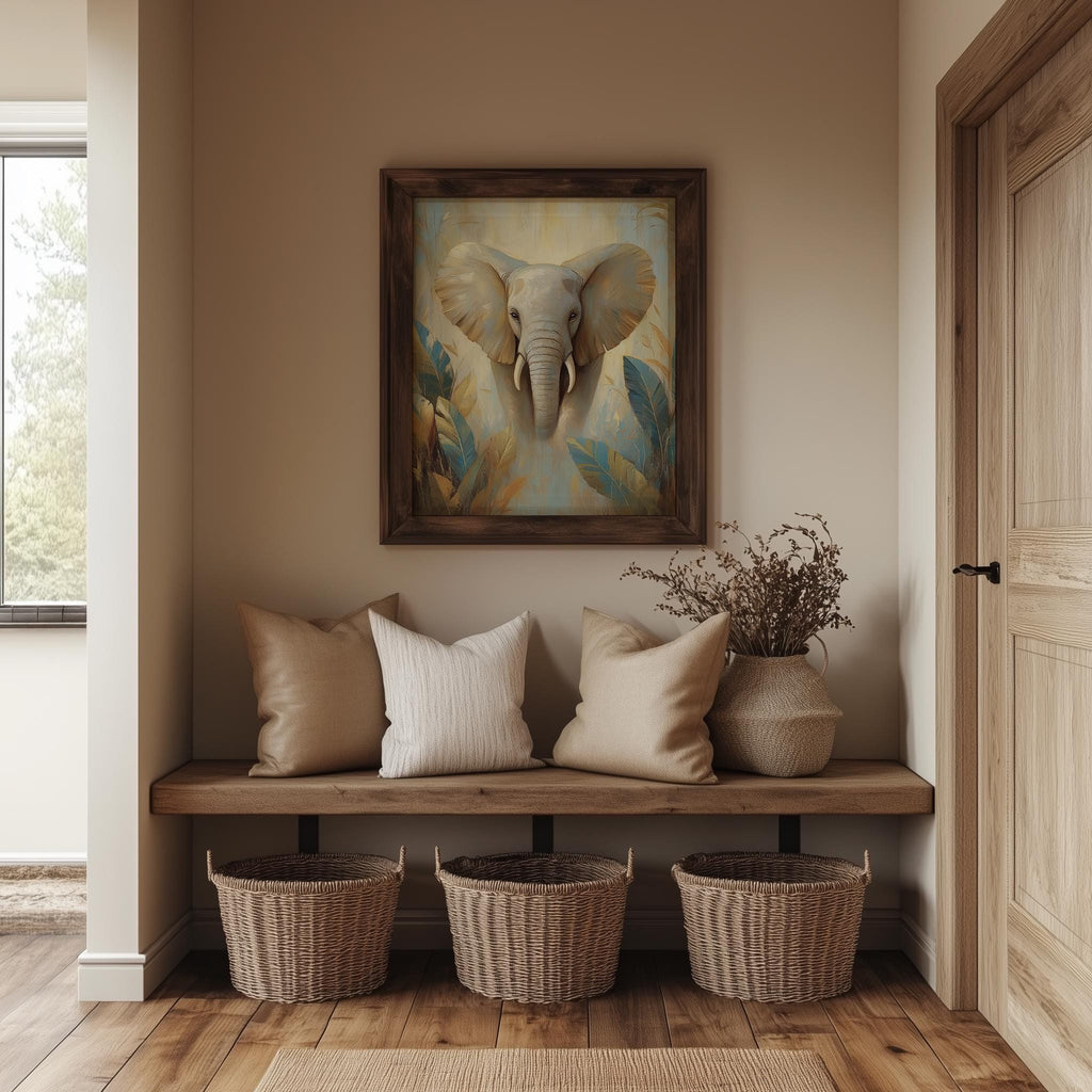 Elephant Tropical animal art print shown in a room setting