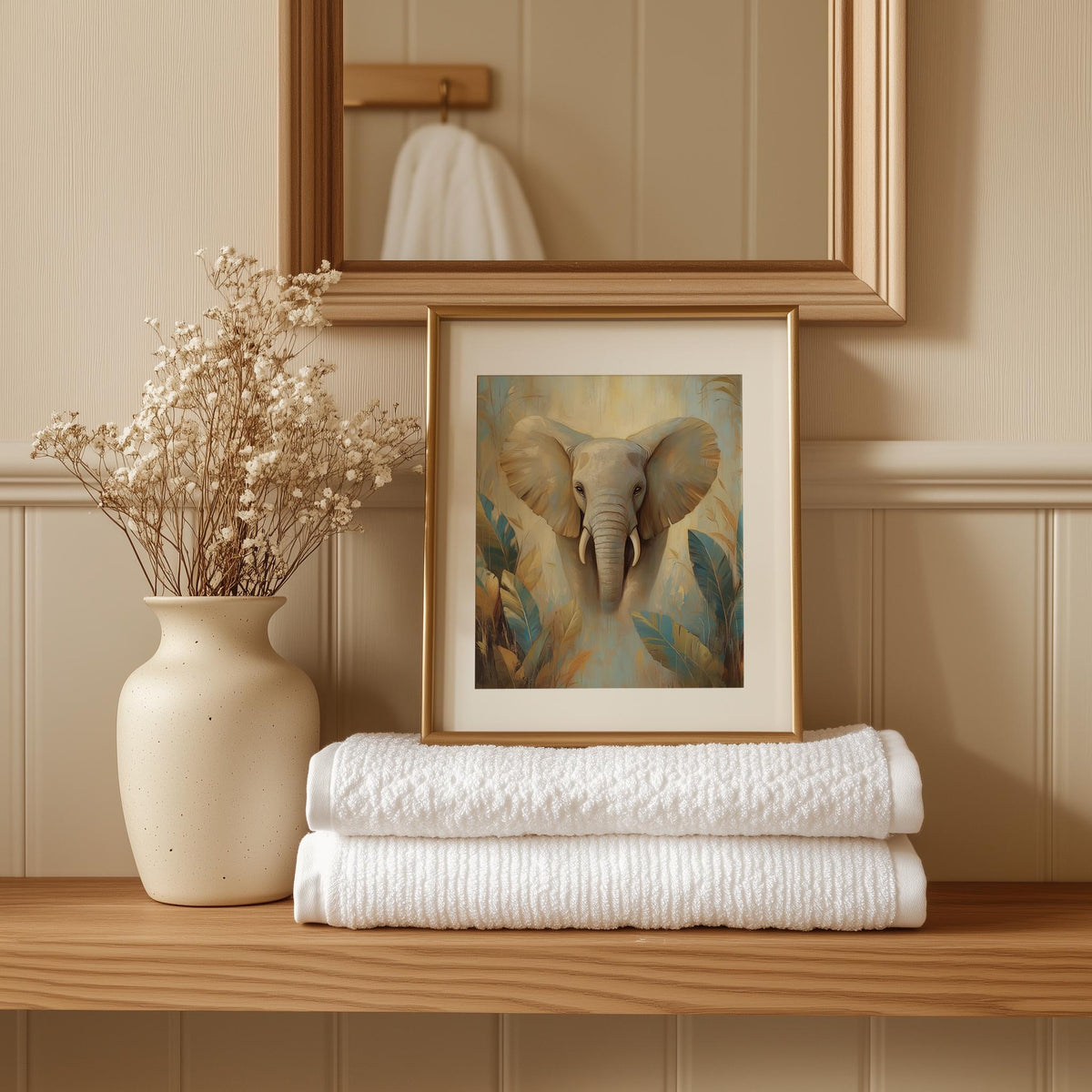 Elephant Tropical animal art print shown in a room setting