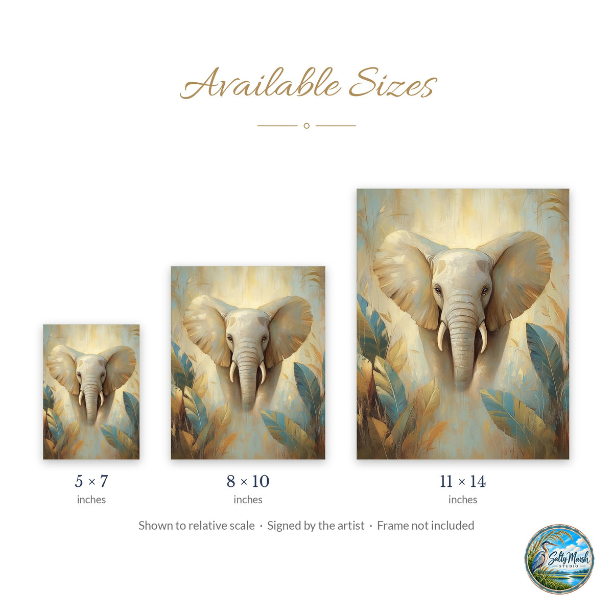 Elephant Tropical art print size guide: 5x7, 8x10 and 11x14