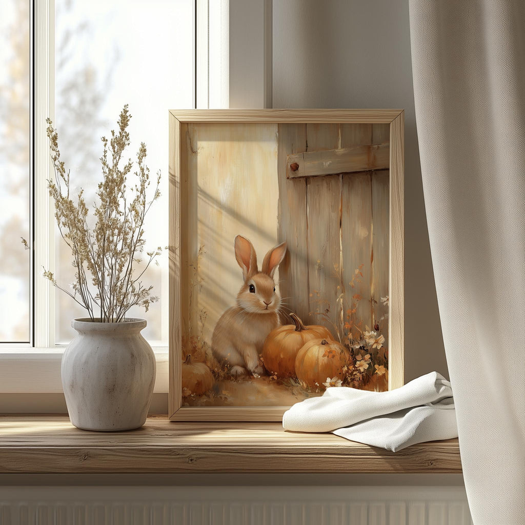 Rabbit Pumpkins fall art print shown in a room setting