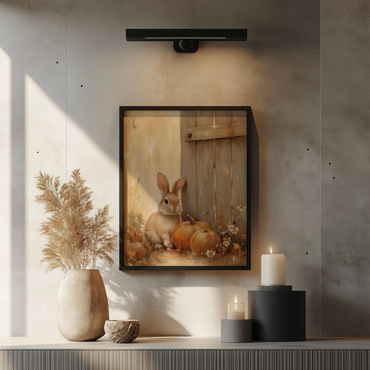 Rabbit Pumpkins fall art print shown in a room setting