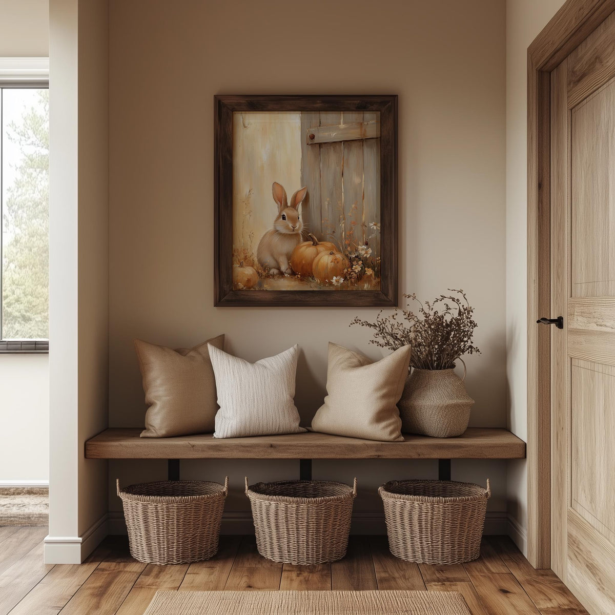 Rabbit Pumpkins fall art print shown in a room setting