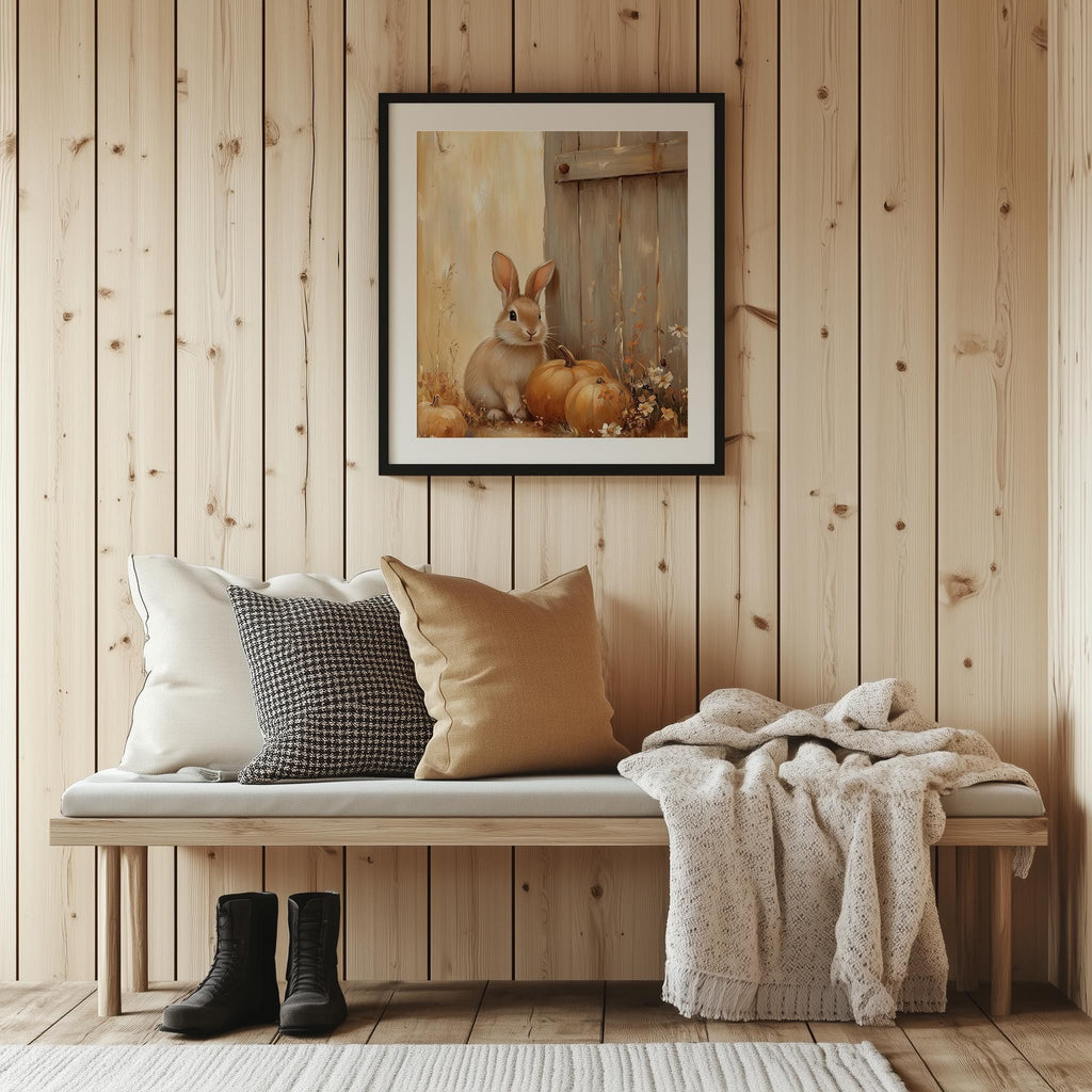 Rabbit Pumpkins fall art print shown in a room setting