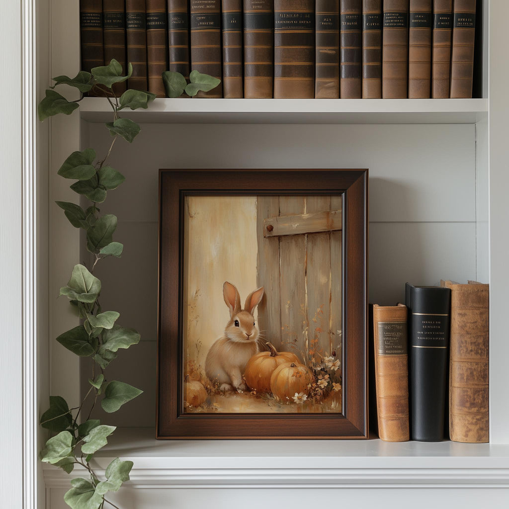 Rabbit Pumpkins fall art print shown in a room setting