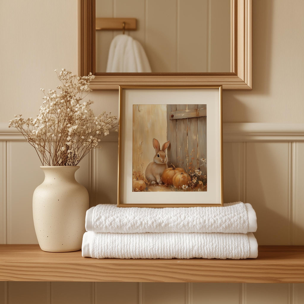Rabbit Pumpkins fall art print shown in a room setting