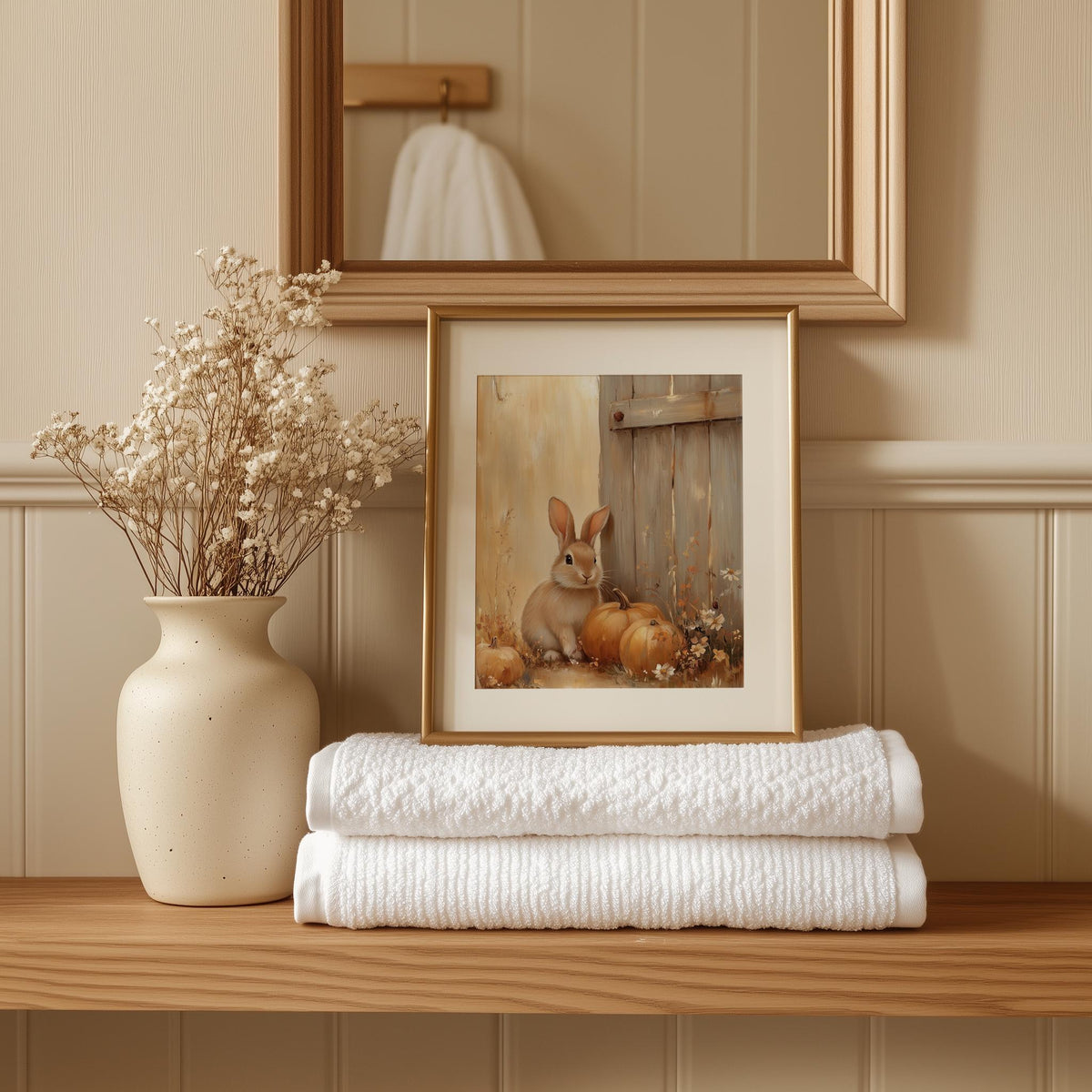 Rabbit Pumpkins fall art print shown in a room setting