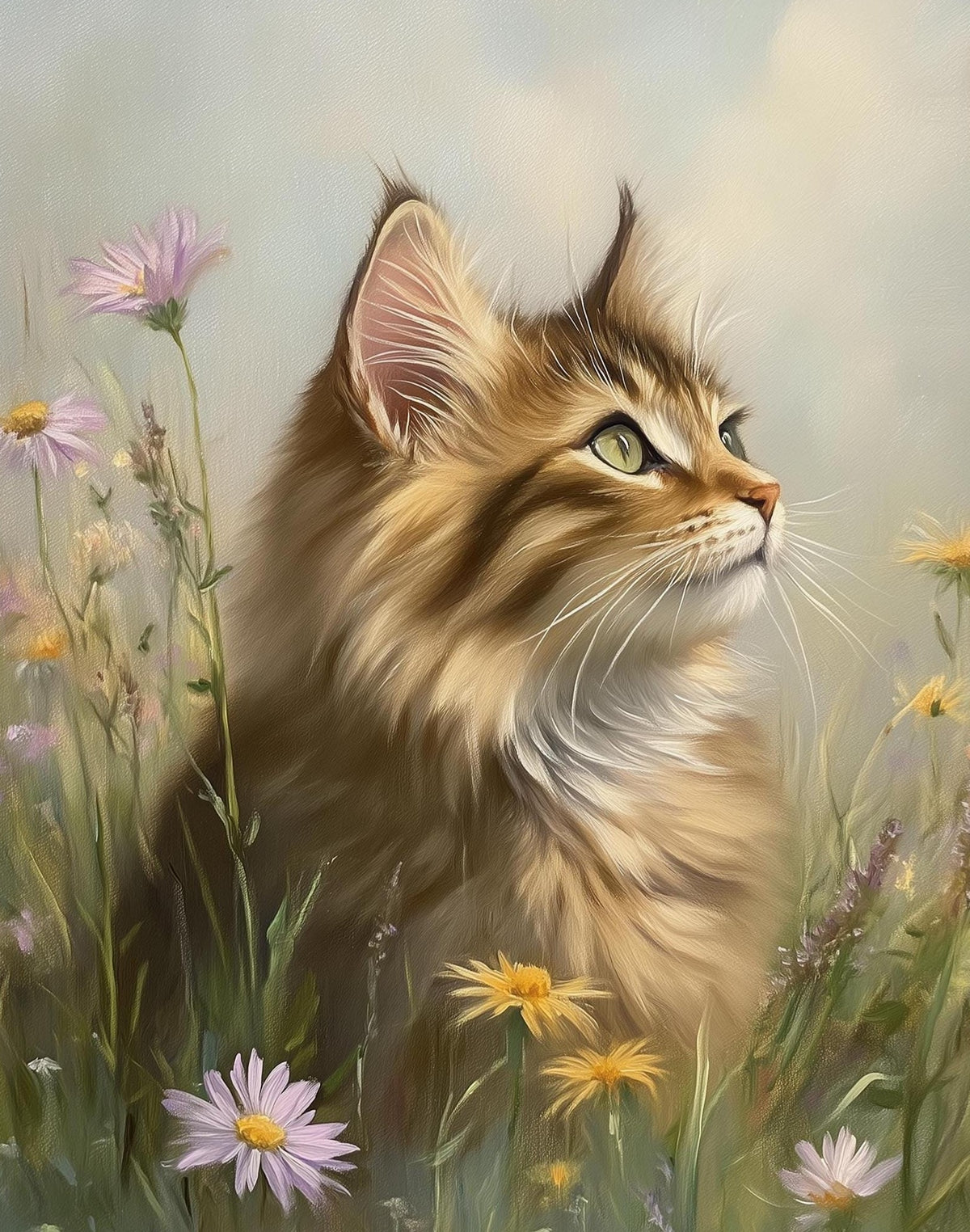 Maine Coon Meadow animal art print unframed, signed by Pattie Overcash