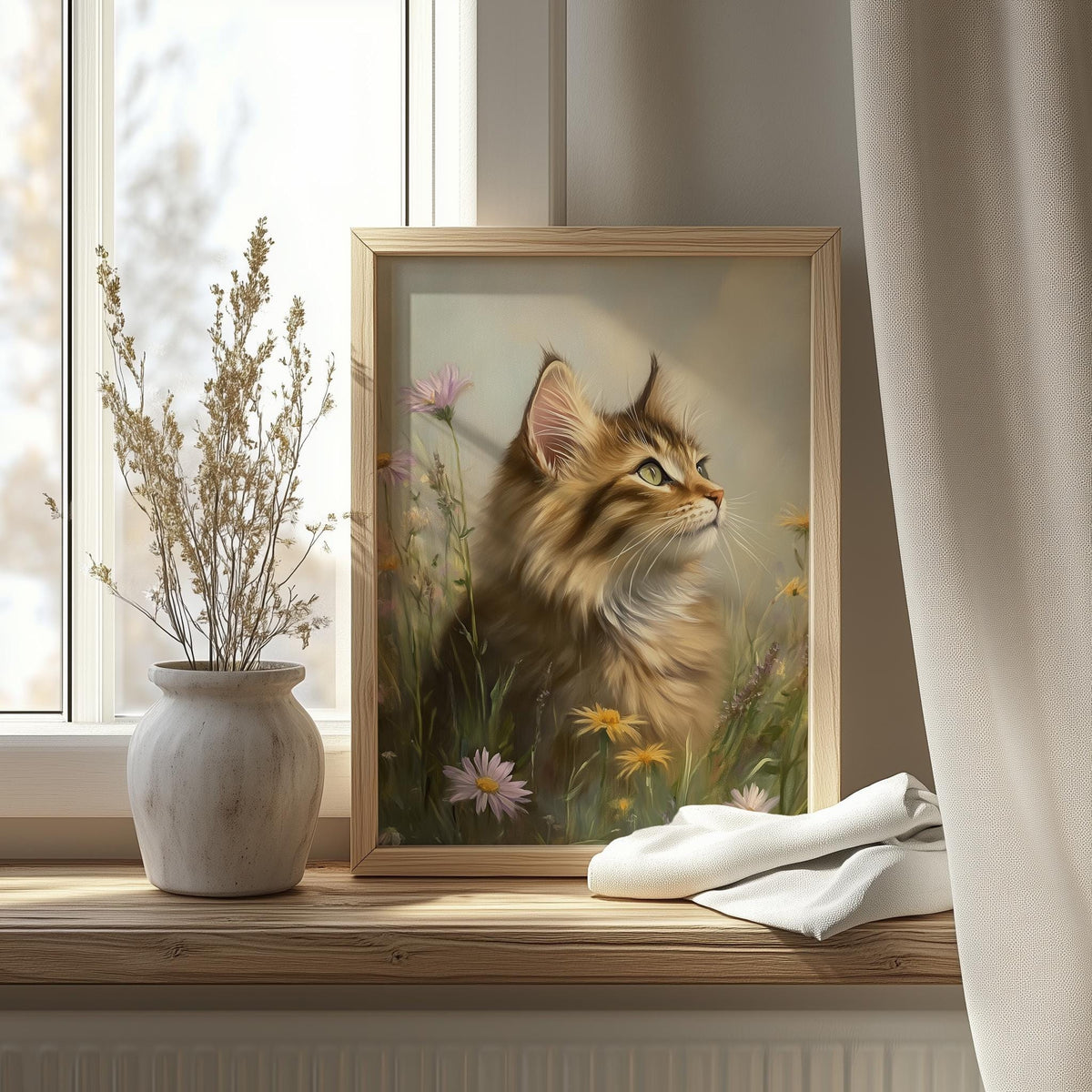 Maine Coon Meadow animal art print shown in a room setting