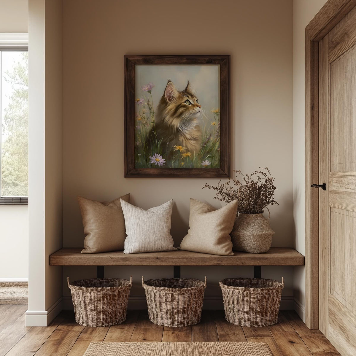 Maine Coon Meadow animal art print shown in a room setting