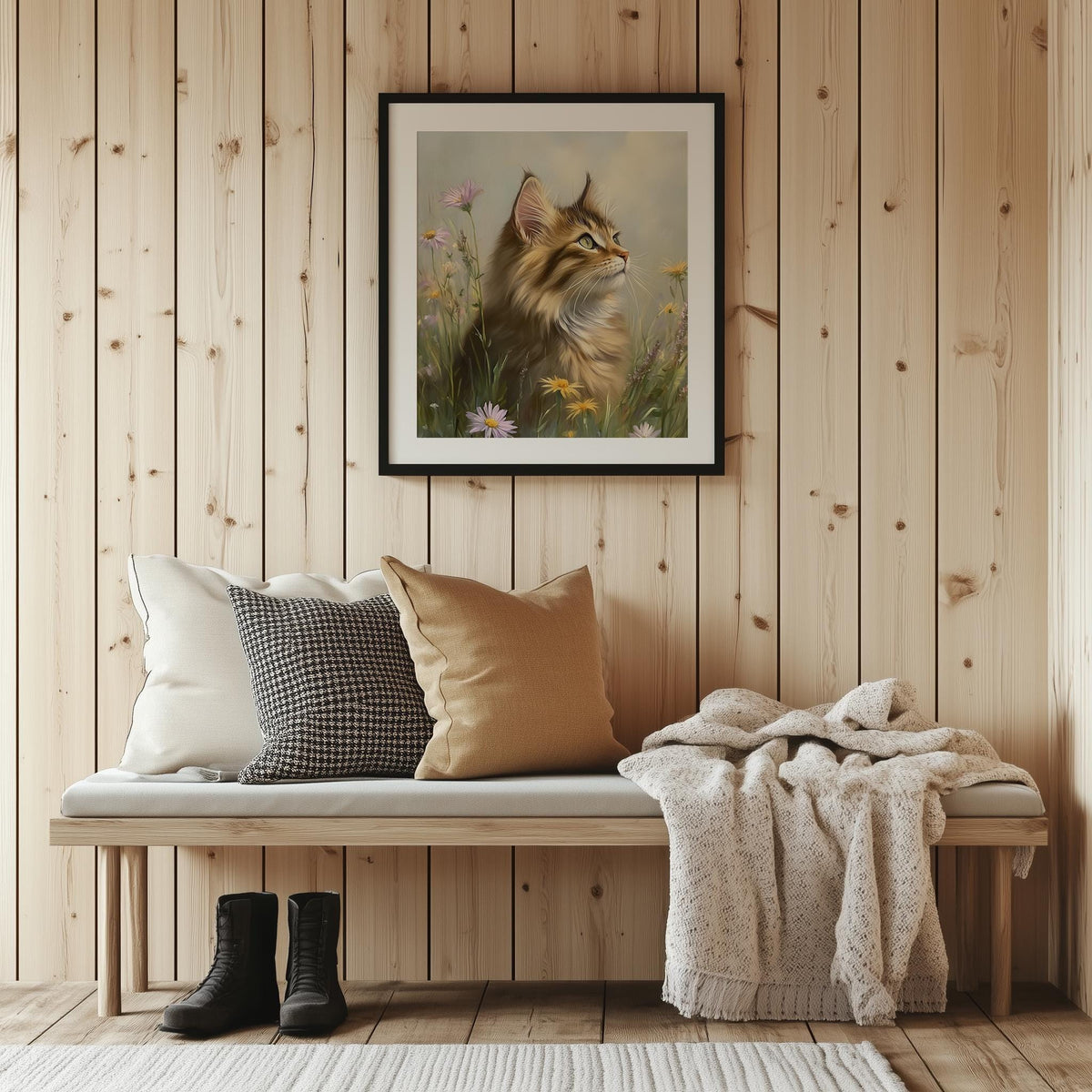 Maine Coon Meadow animal art print shown in a room setting