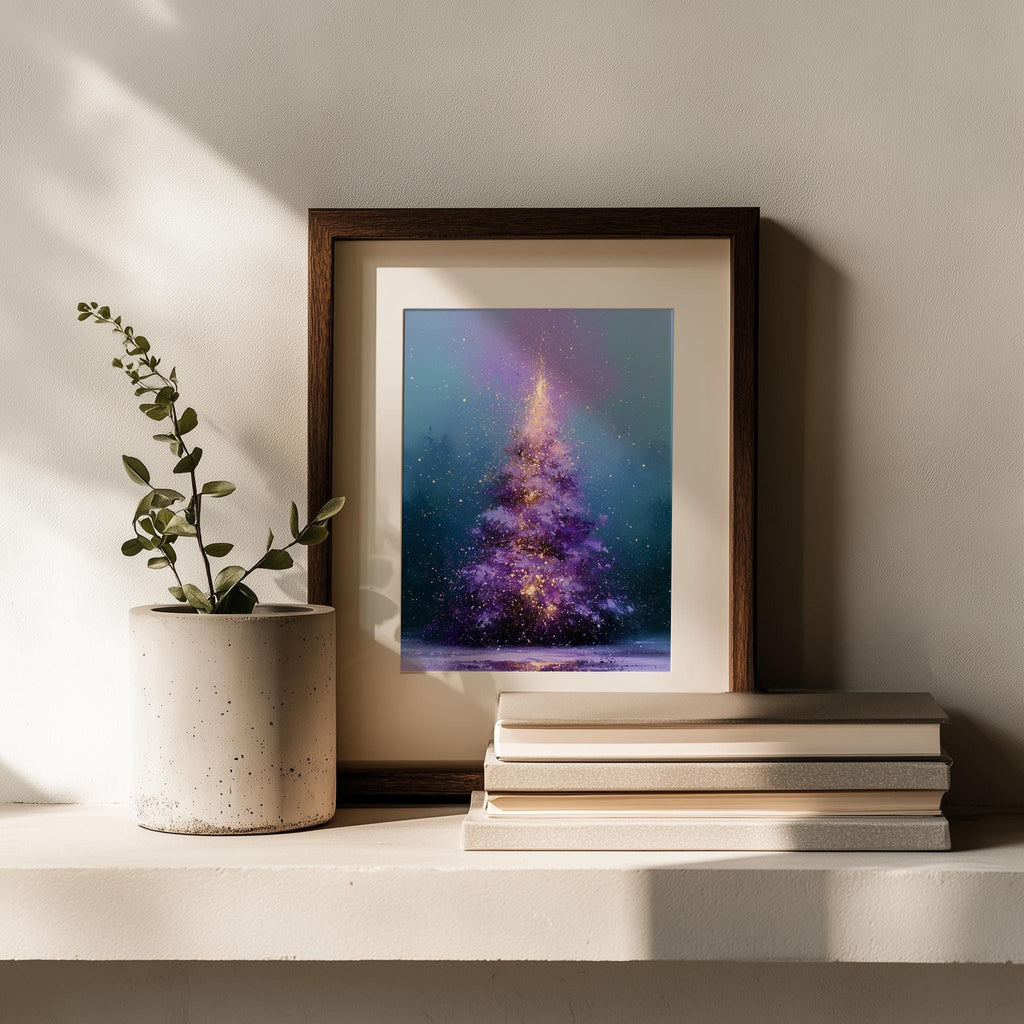Purple Tree Christmas art print shown in a room setting