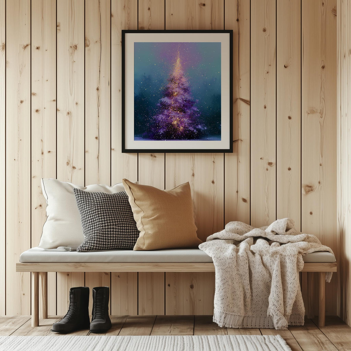 Purple Tree Christmas art print shown in a room setting