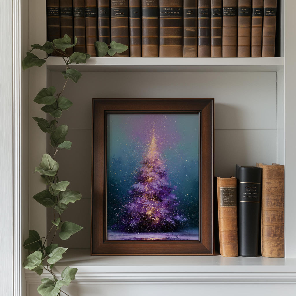 Purple Tree Christmas art print shown in a room setting