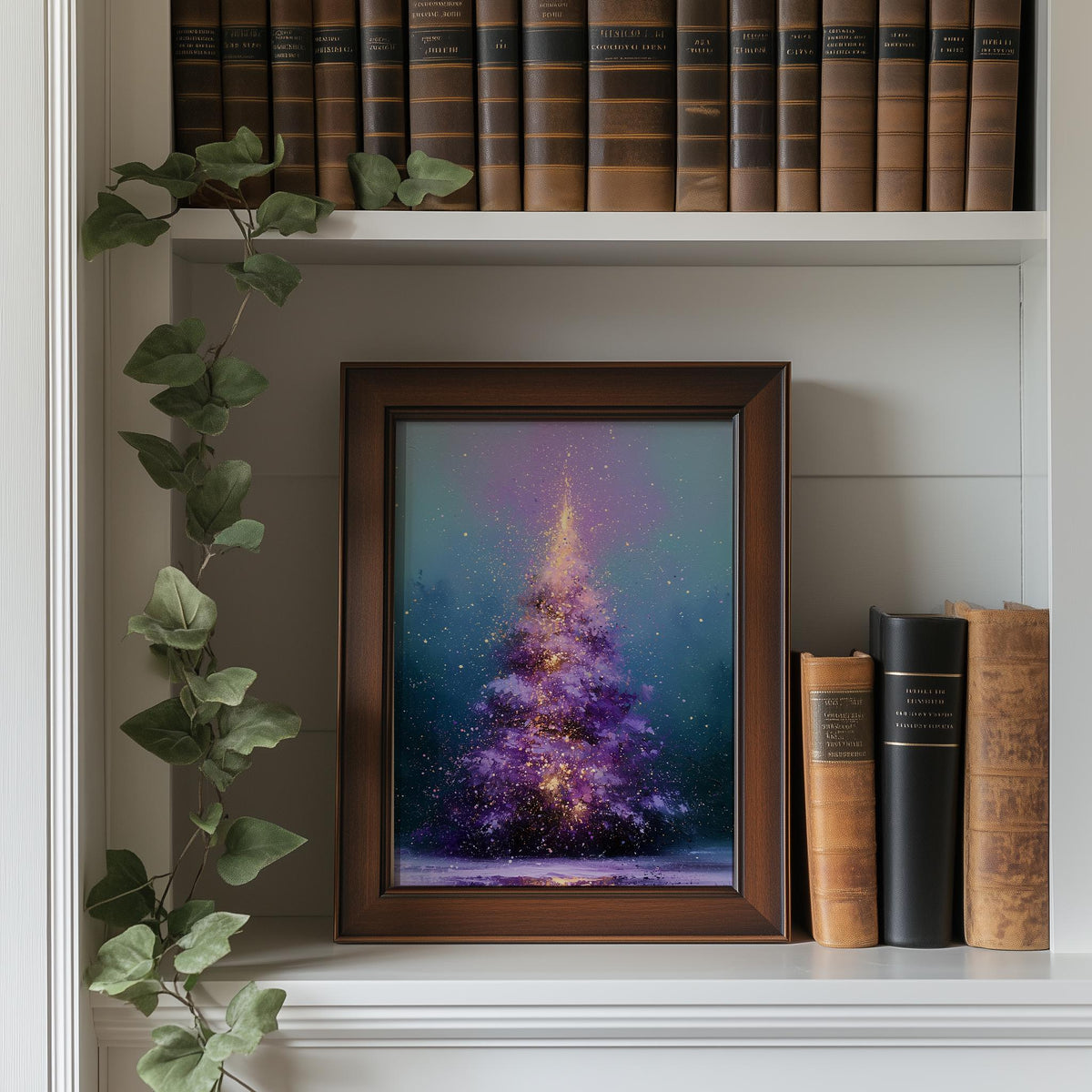 Purple Tree Christmas art print shown in a room setting