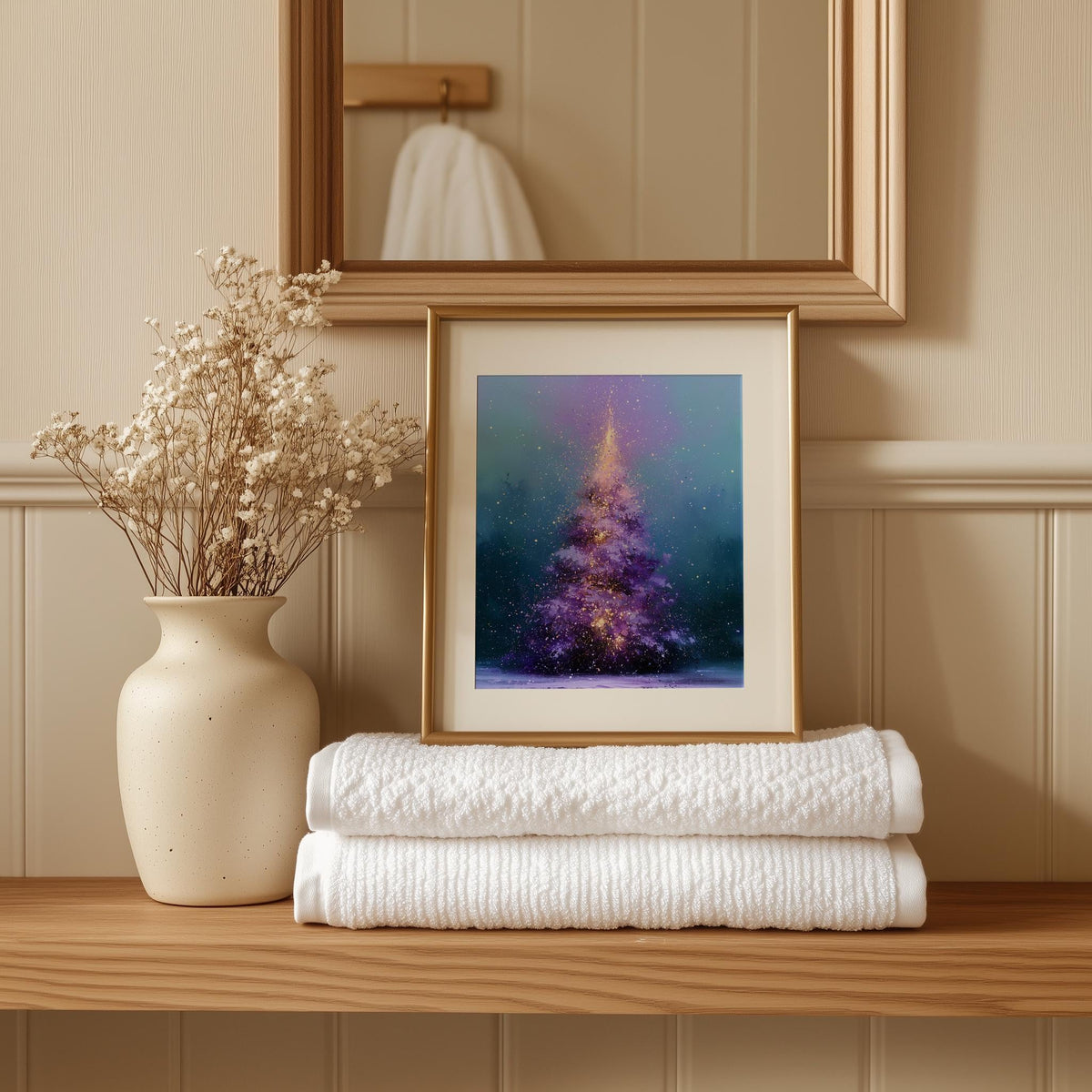 Purple Tree Christmas art print shown in a room setting