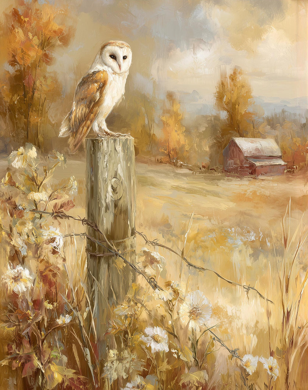 Barn Owl Fence Post fall art print unframed, signed by Pattie Overcash