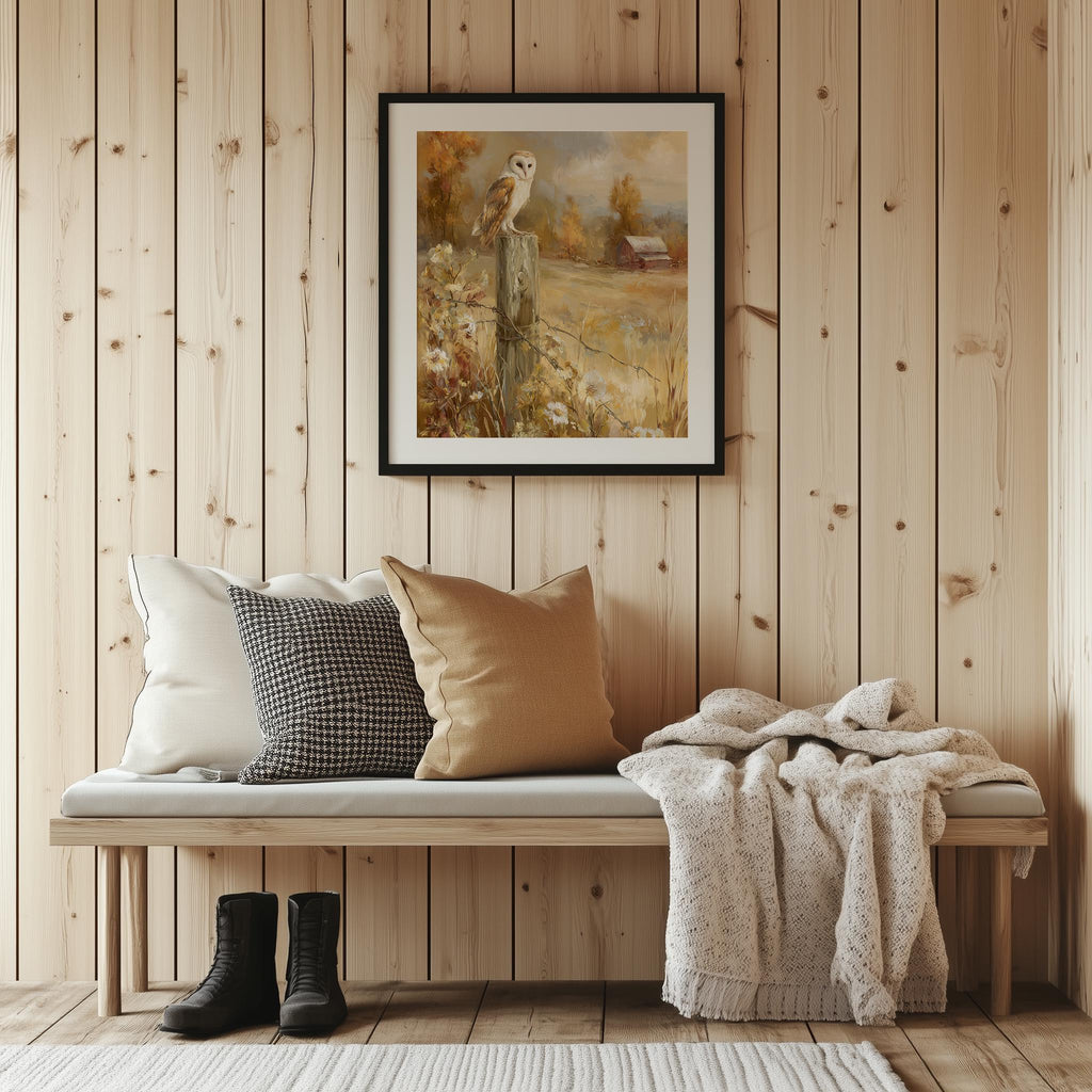 Barn Owl Fence Post fall art print shown in a room setting