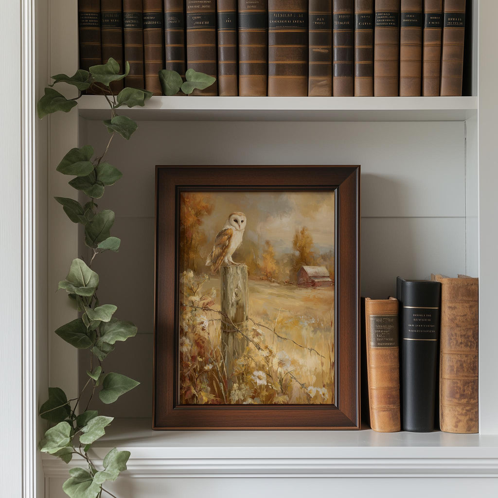 Barn Owl Fence Post fall art print shown in a room setting
