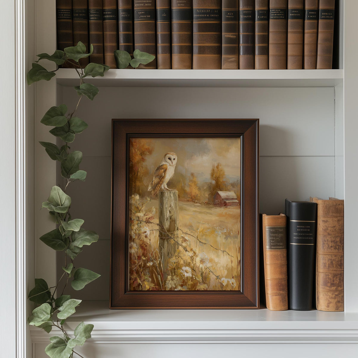 Barn Owl Fence Post fall art print shown in a room setting