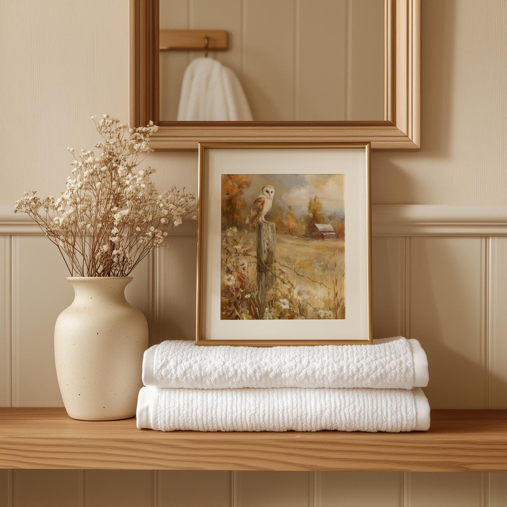 Barn Owl Fence Post fall art print shown in a room setting