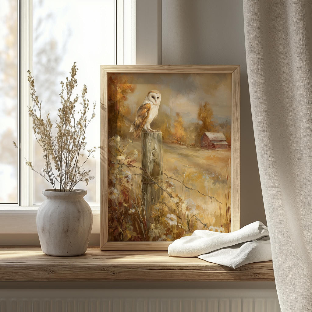 Barn Owl Fence Post fall art print shown in a room setting