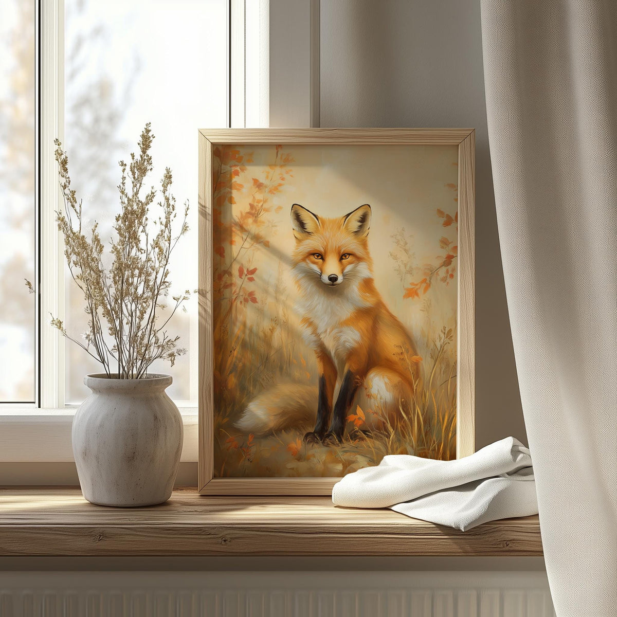 Autumn Red Fox fall art print shown in a room setting