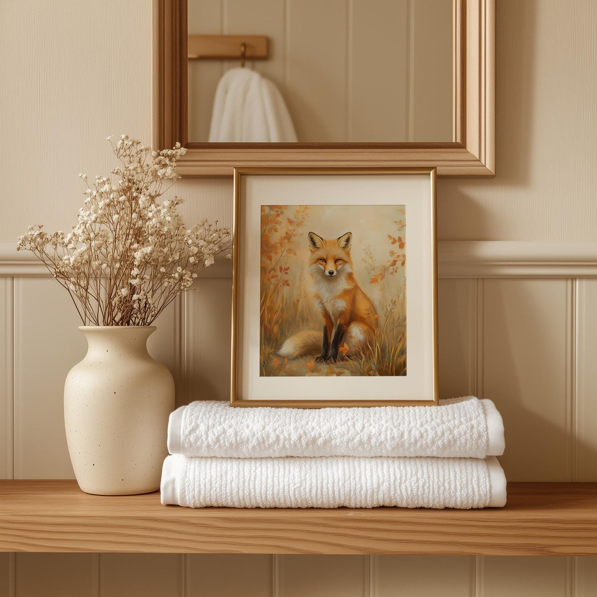 Autumn Red Fox fall art print shown in a room setting