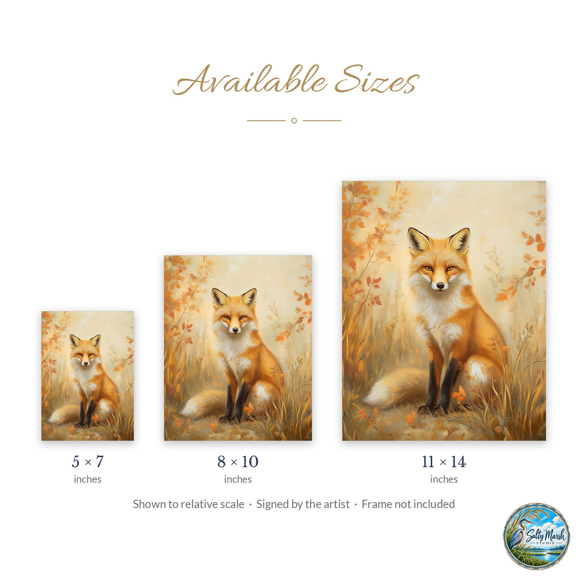 Autumn Red Fox art print size guide: 5x7, 8x10 and 11x14