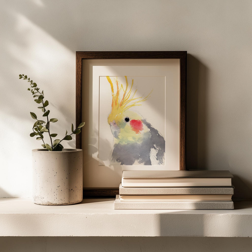 Gray Cockatiel animal art print shown in a room setting