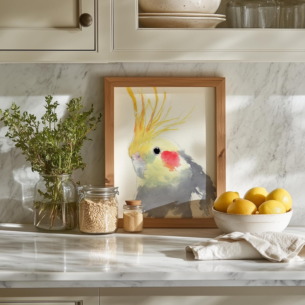 Gray Cockatiel animal art print shown in a room setting