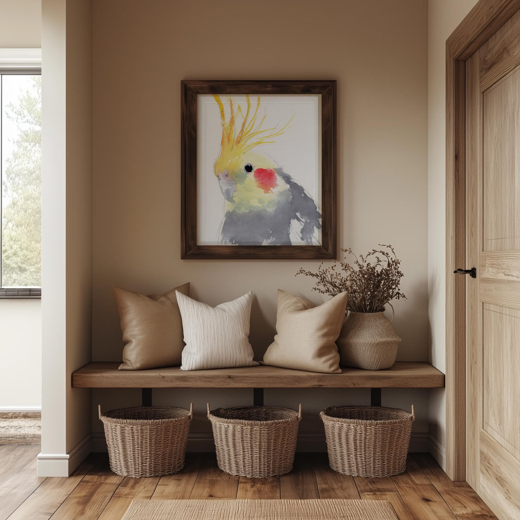 Gray Cockatiel animal art print shown in a room setting