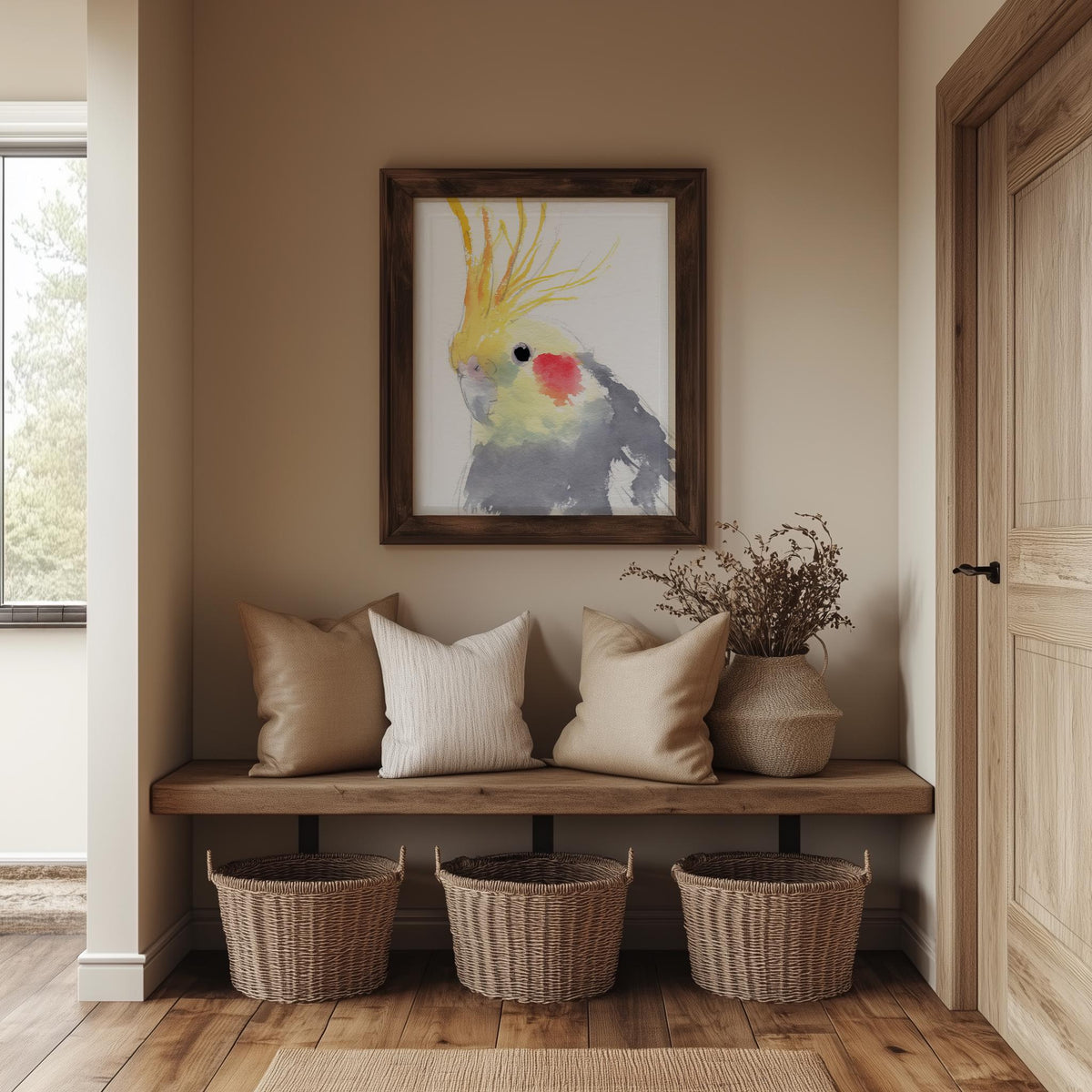 Gray Cockatiel animal art print shown in a room setting