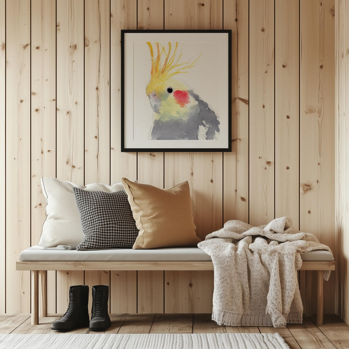 Gray Cockatiel animal art print shown in a room setting