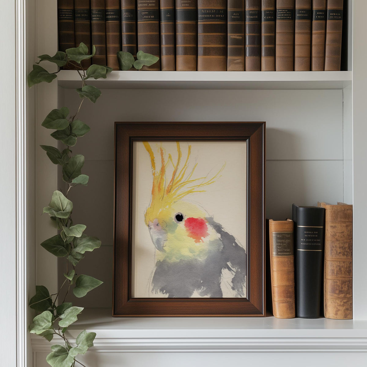 Gray Cockatiel animal art print shown in a room setting