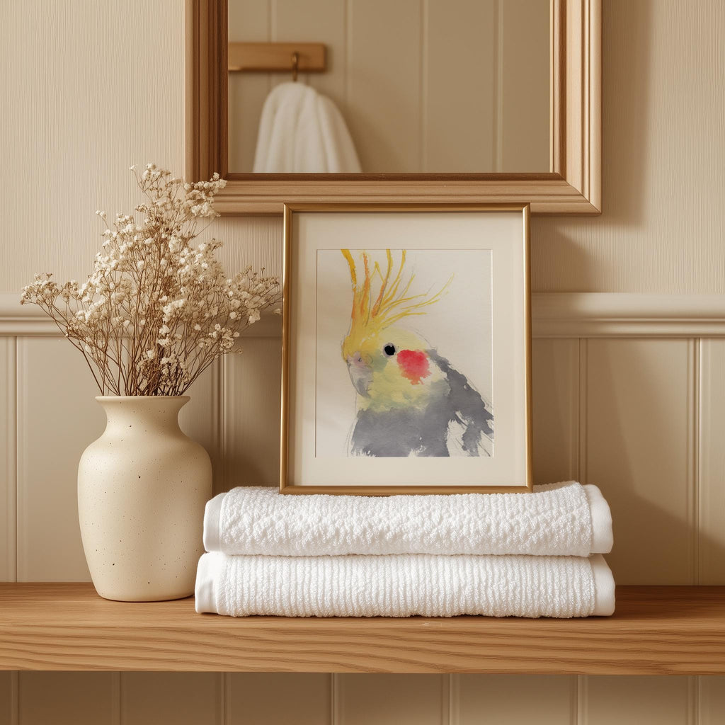 Gray Cockatiel animal art print shown in a room setting