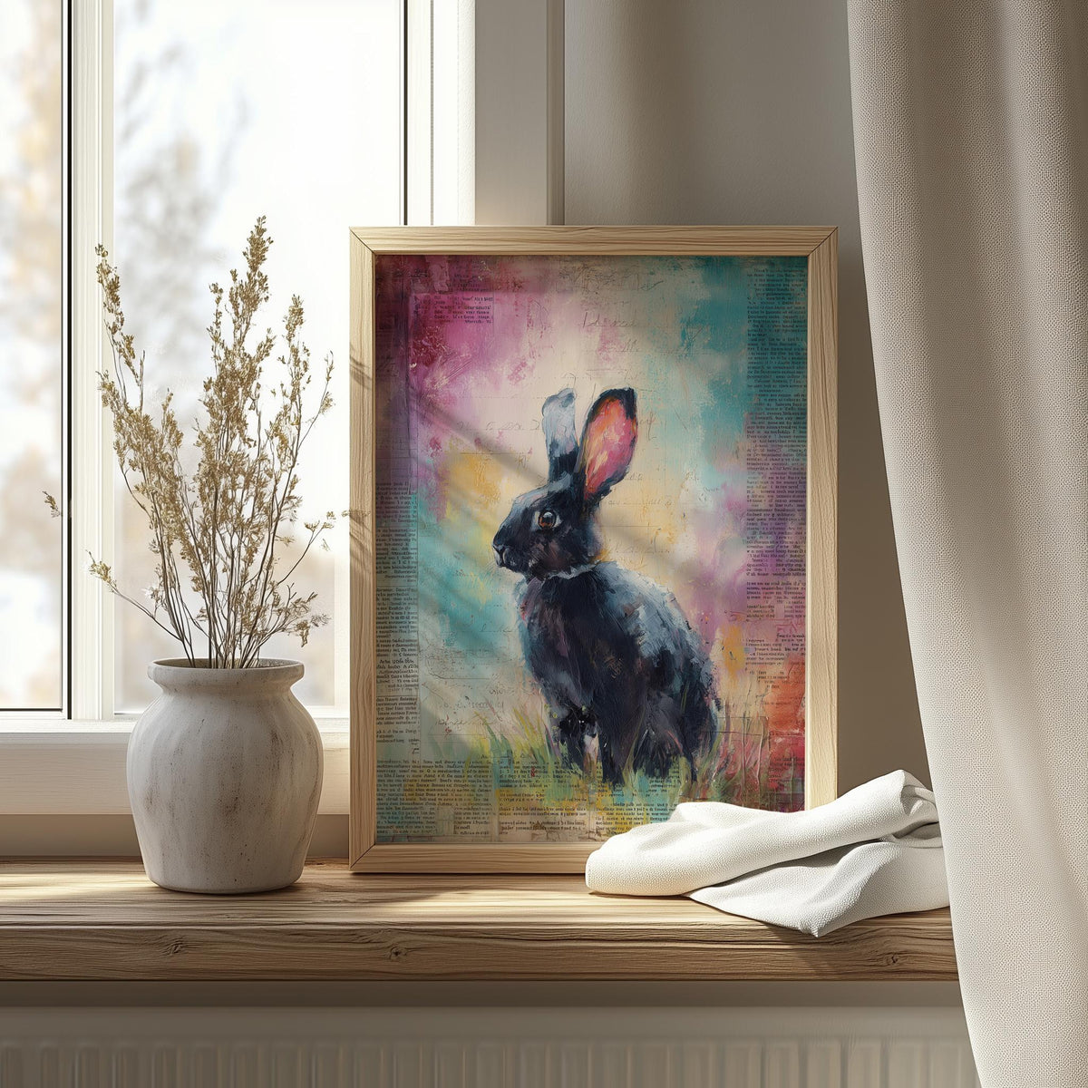 Dark Rabbit animal art print shown in a room setting