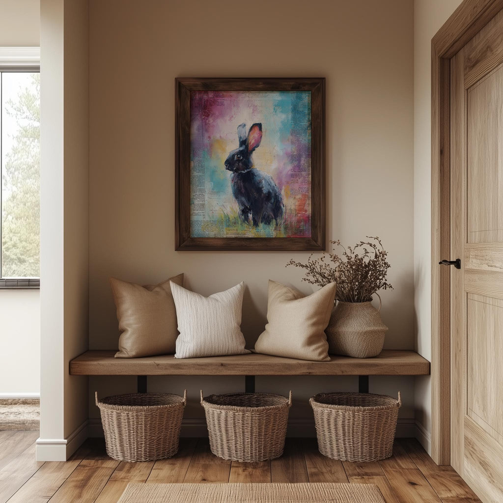 Dark Rabbit animal art print shown in a room setting