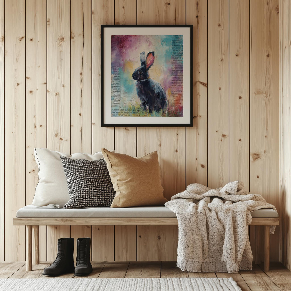 Dark Rabbit animal art print shown in a room setting