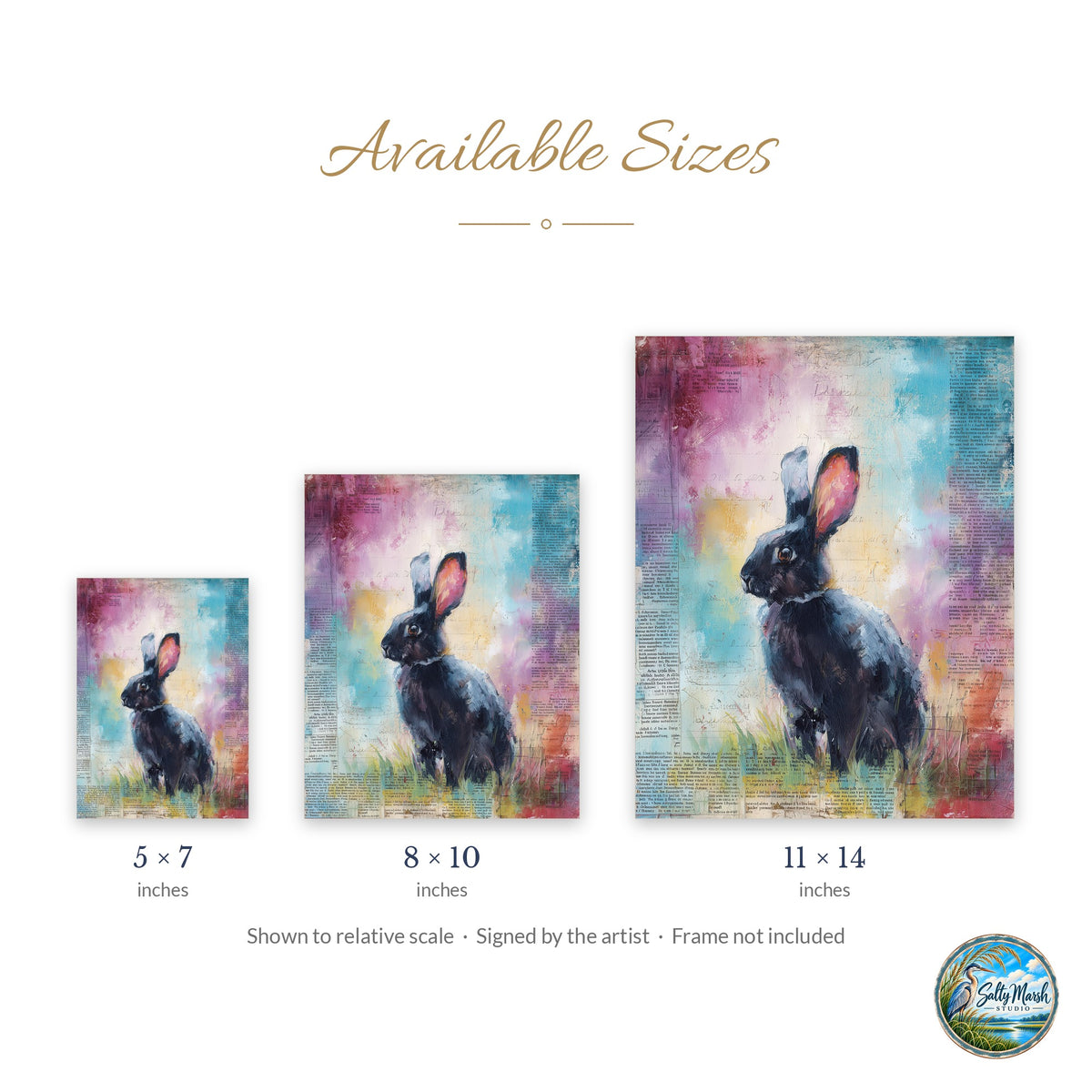 Dark Rabbit art print size guide: 5x7, 8x10 and 11x14
