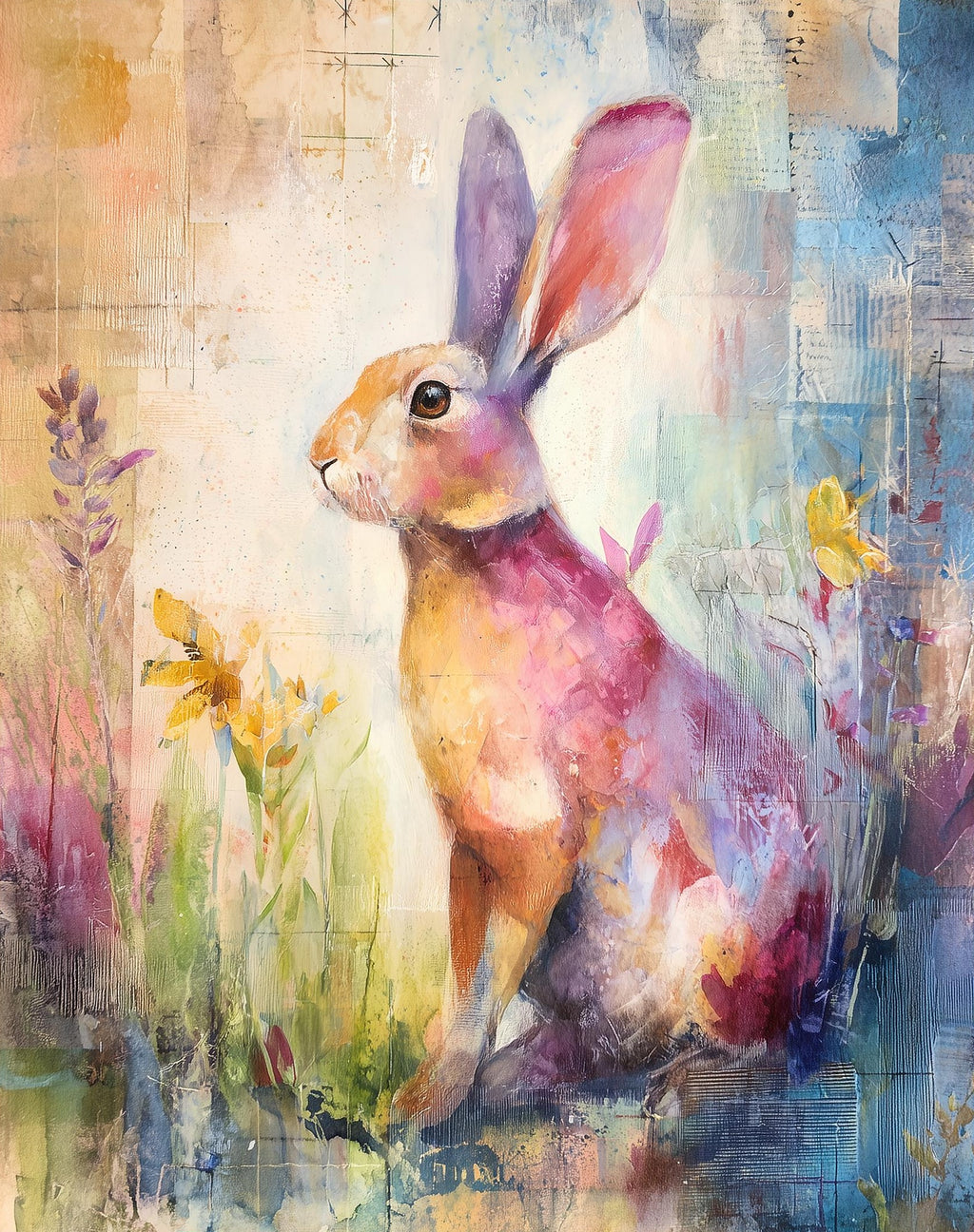 Wildflower Rabbit animal art print unframed, signed by Pattie Overcash